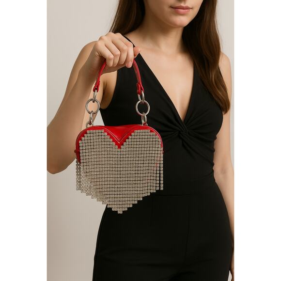 Poster Girl Red Heart Purse Rhinestone Fringe Mini Bag Patent Leather - Picture 1 of 9
